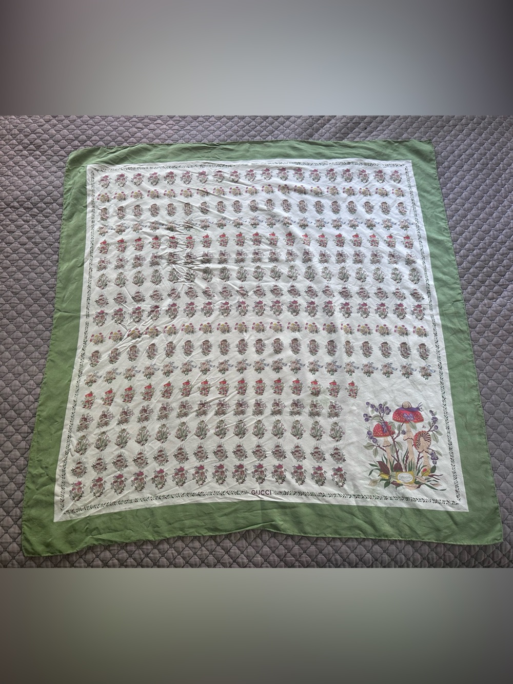 Vintage Gucci Mushroom Floral Italian Silk Scarf with Sage Green Border